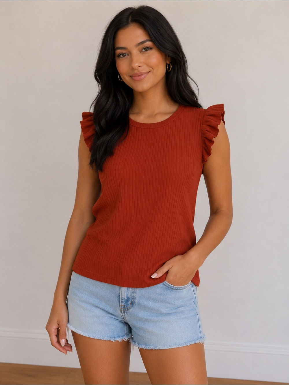 Time and Tru Rust Ribbed Ruffle-Sleeve Tank